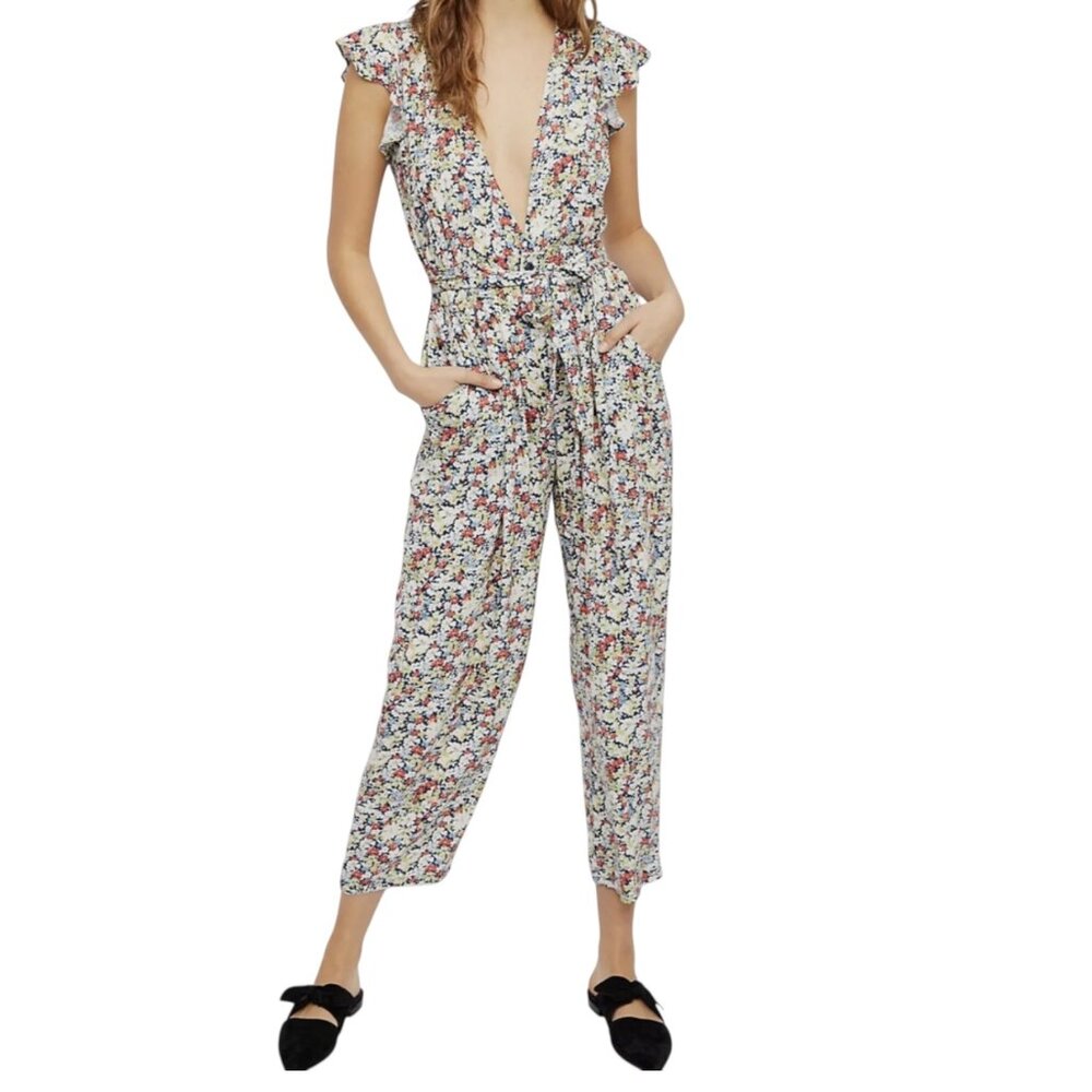 Free People Ruffle Your Feathers Floral Print One Piece Belted Jumpsuit (S)